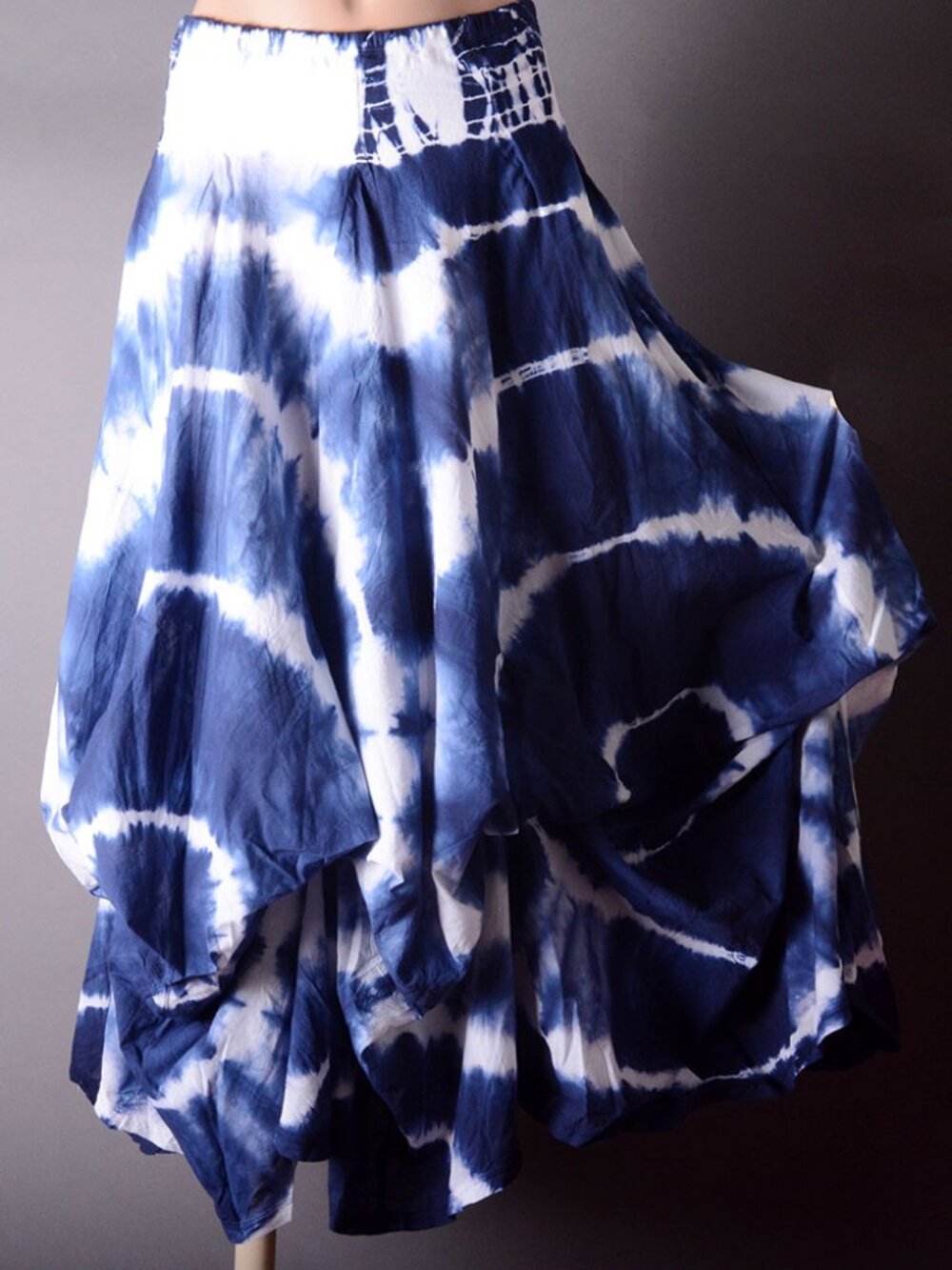 Blue White Tie Dye Boho Bohemian Gypsy Hippie Summer Colorblock Long Maxi Skirt